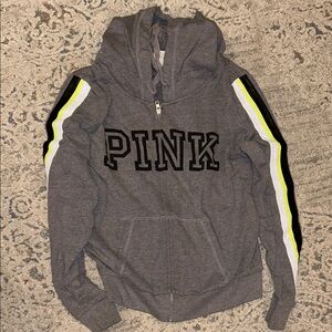 PINK Gray Zip Hoodie with Neon Stripe